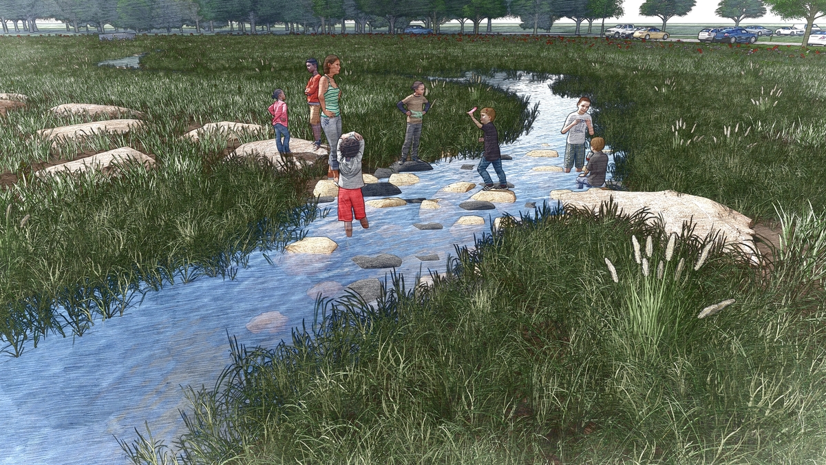 Kids playing on rocks in a stream